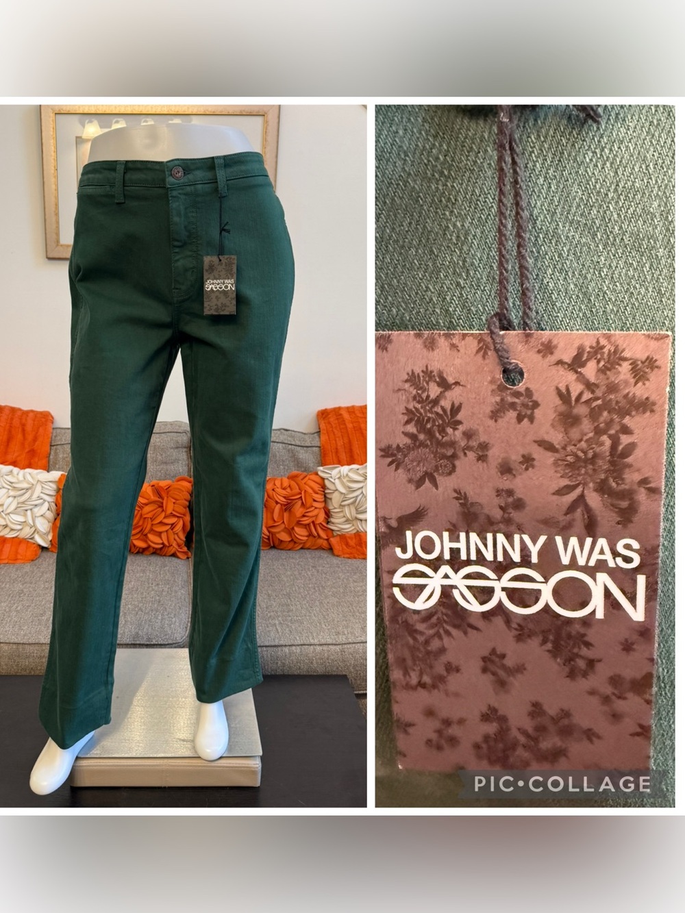 NWT Johnny Was Sasson SANCERE STRAIGHT LEG JEAN Dark Sea Green $198 MSRP
